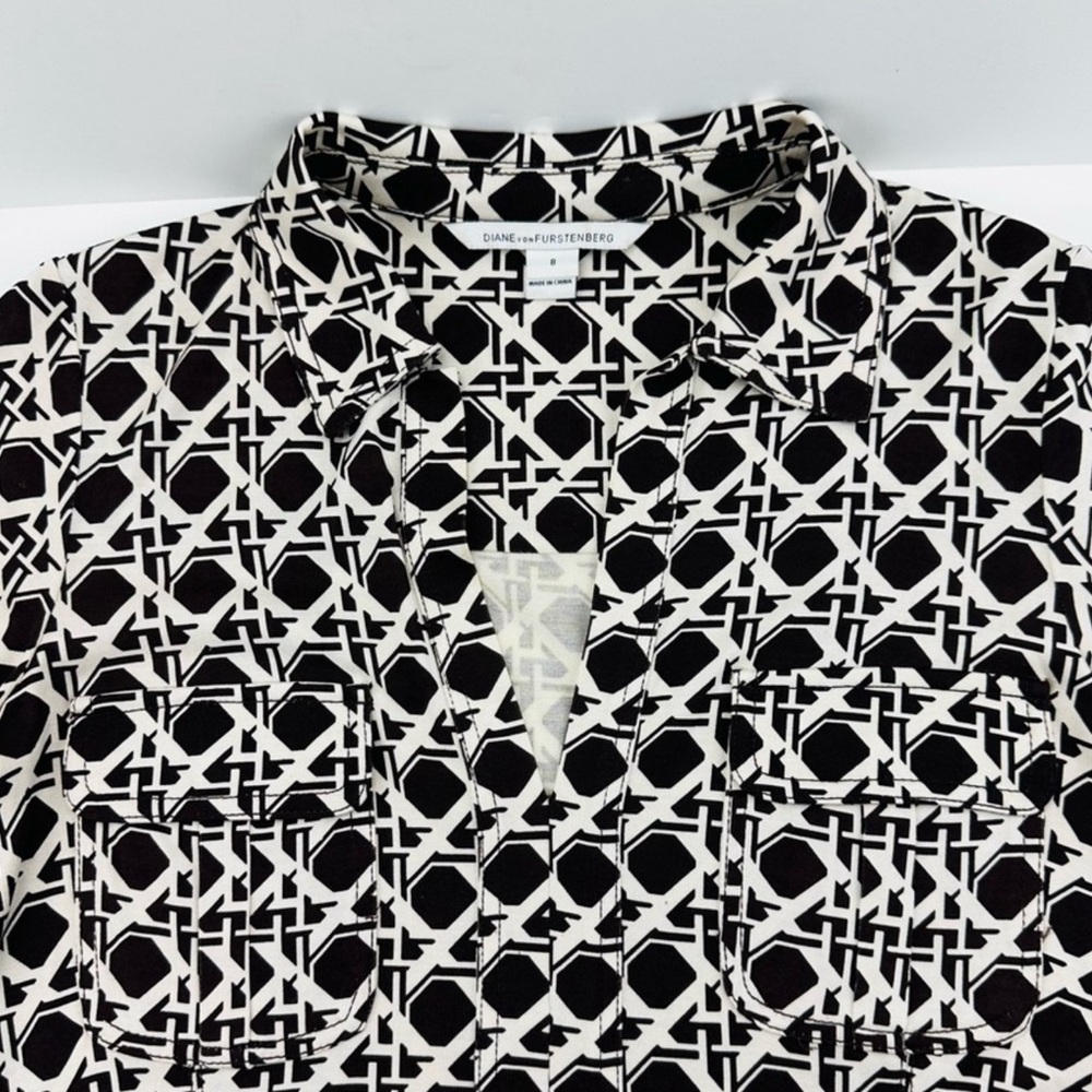 Diane Von Furstenberg Dilly Silk Caning Print Shirt Dress Mocha Brown Cream